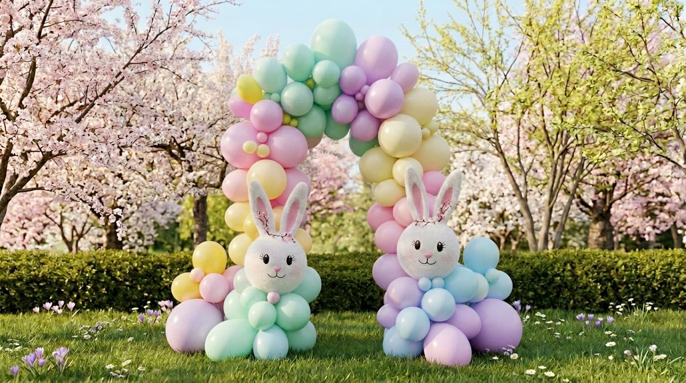 Colorful pastel balloon arch with bunny balloons for a celebration